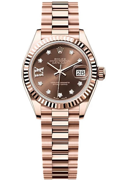 Rolex Lady-Datejust 28mm Everose Gold Chocolate Star Diamond Dial Fluted Bezel
