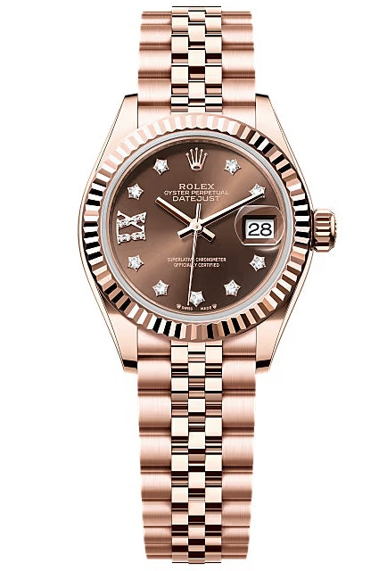 Rolex Lady-Datejust 28mm Everose Gold Chocolate Star Diamond Dial Fluted Bezel