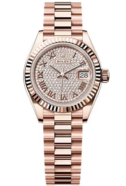Rolex Lady-Datejust 28mm Everose Gold Diamond-Paved Dial Fluted Bezel President