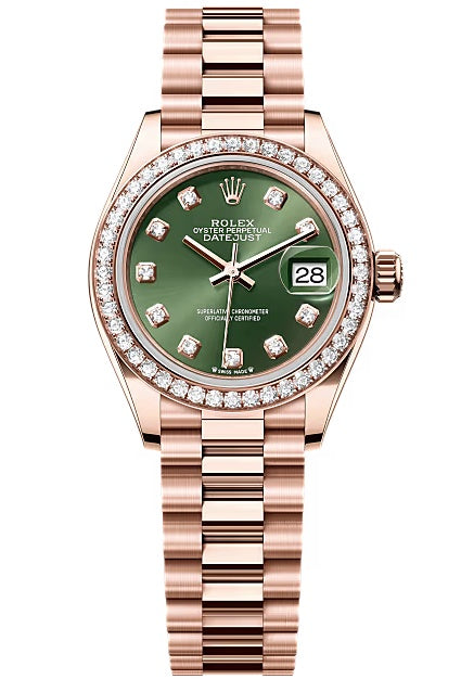 Rolex Lady-Datejust 28mm Everose Gold Olive Green Diamond Dial Diamond-Set