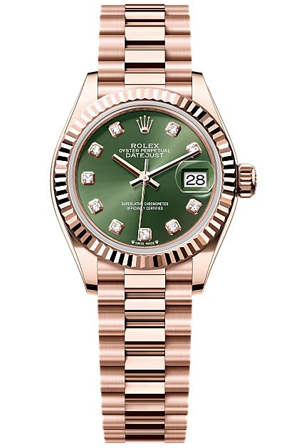Rolex Lady-Datejust 28mm Everose Gold Olive Green Diamond Dial Fluted Bezel
