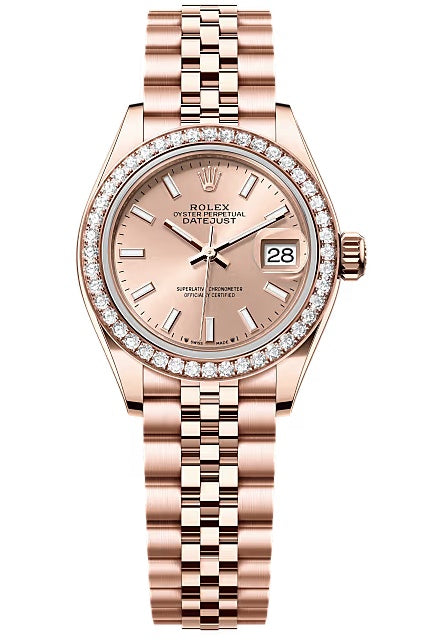 Rolex Lady-Datejust 28mm Everose Gold Rose Index Dial Diamond-Set Bezel Jubilee