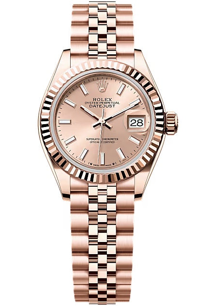 Rolex Lady-Datejust 28mm Everose Gold Rose Index Dial Fluted Bezel Jubilee