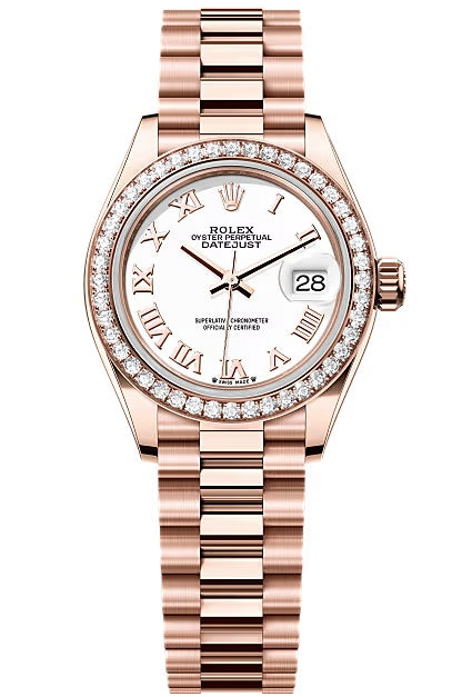 Rolex Lady-Datejust 28mm Everose Gold White Roman Dial Diamond-Set Bezel