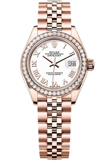 Rolex Lady-Datejust 28mm Everose Gold White Roman Dial Diamond-Set Bezel