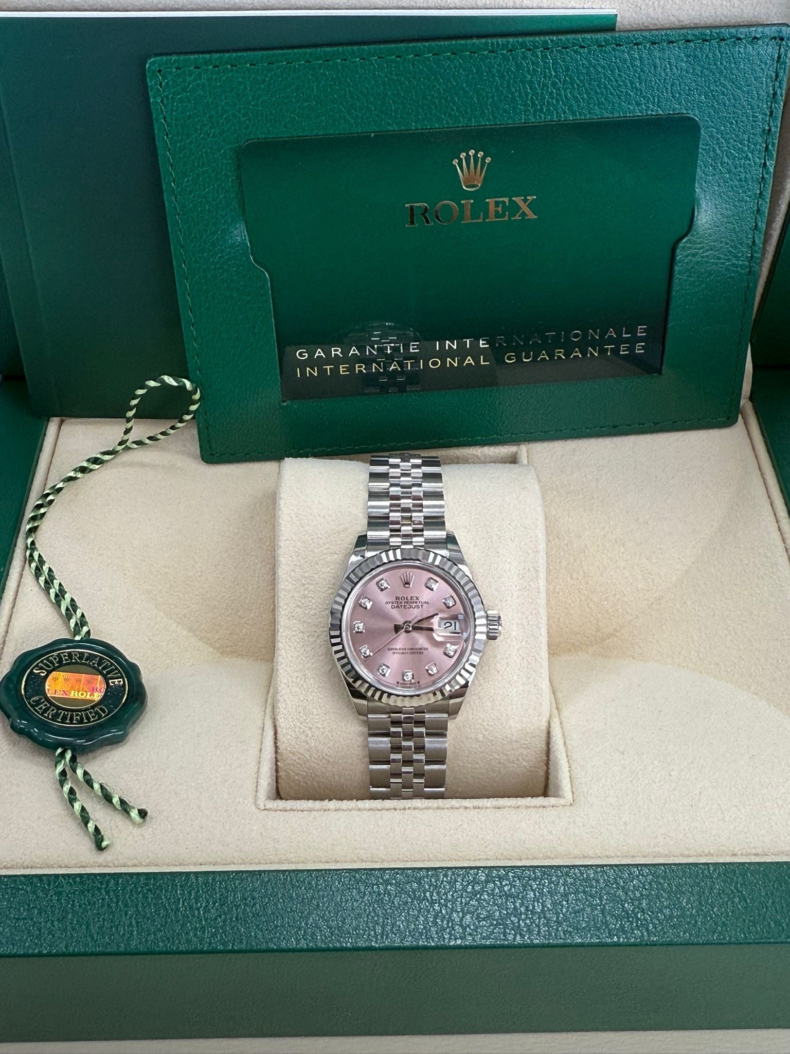 Rolex Lady-Datejust 28mm Pink Diamond Dial Fluted Bezel Jubilee Bracelet 279174