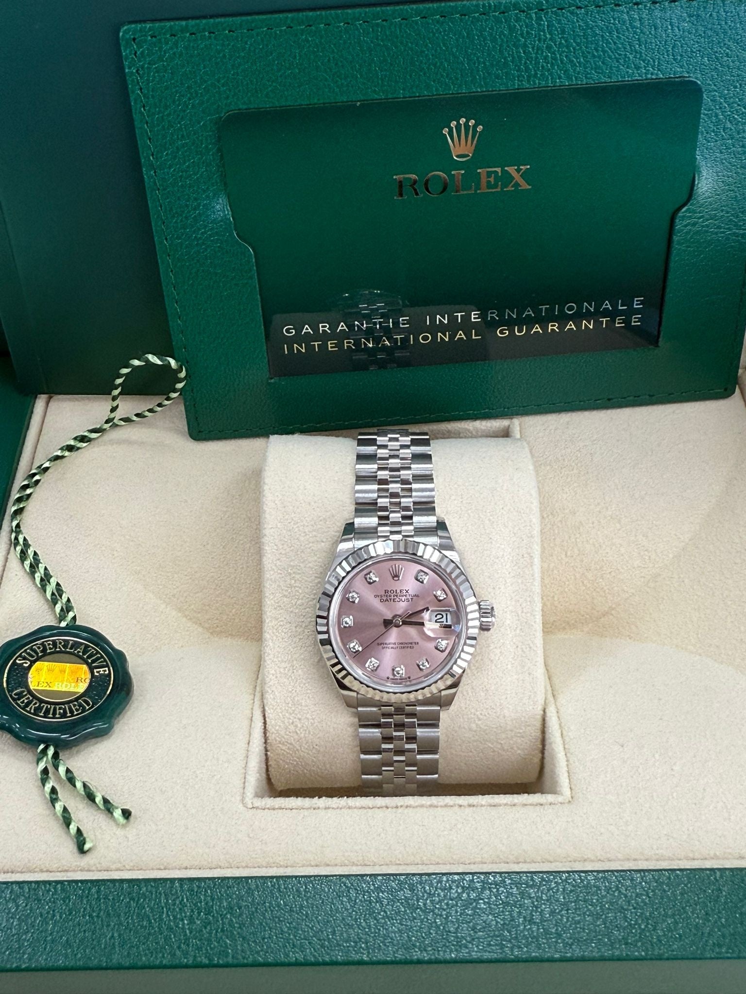 Rolex Lady-Datejust 28mm Pink Diamond Dial Fluted Bezel Jubilee Bracelet 279174