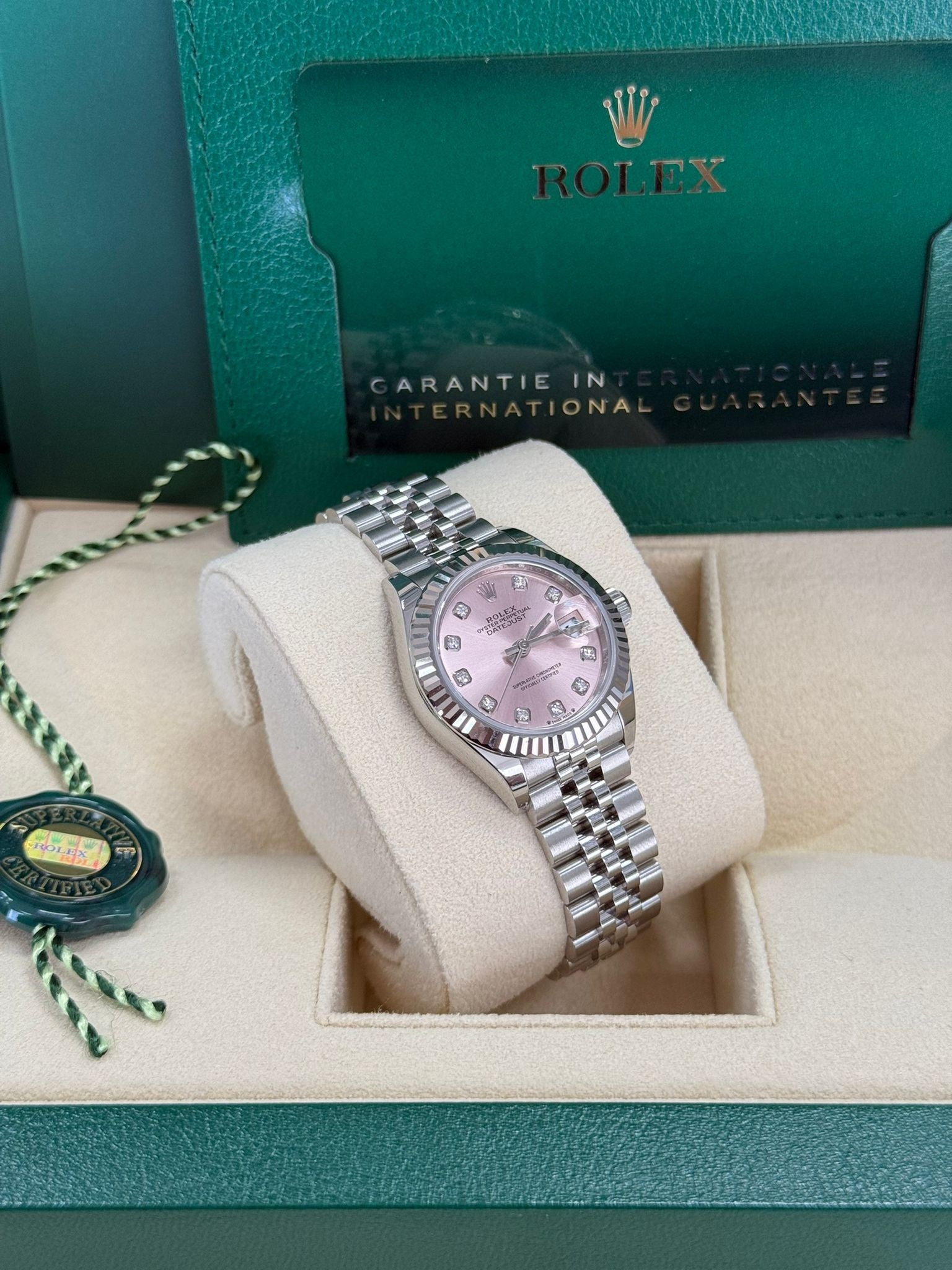 Rolex Lady-Datejust 28mm Pink Diamond Dial Fluted Bezel Jubilee Bracelet 279174