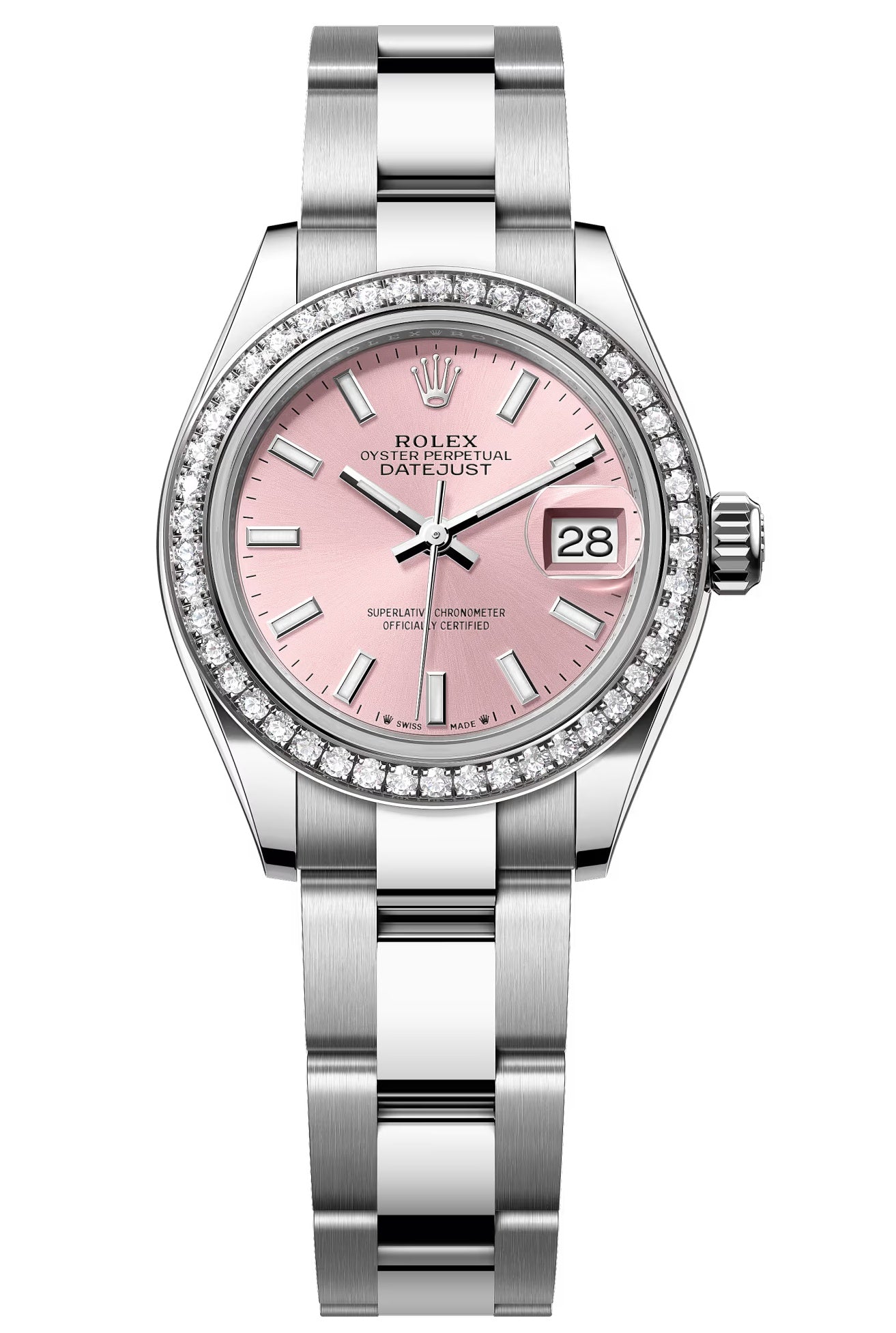 Rolex Lady-Datejust 28mm Pink Index Dial Diamond Bezel Oyster Bracelet
