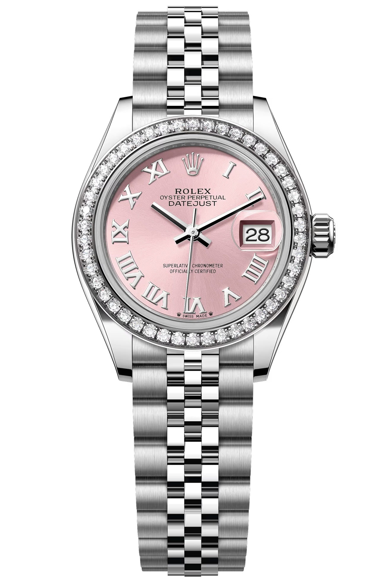 Rolex Lady-Datejust 28mm Pink Roman Dial Diamond Bezel Jubilee Bracelet