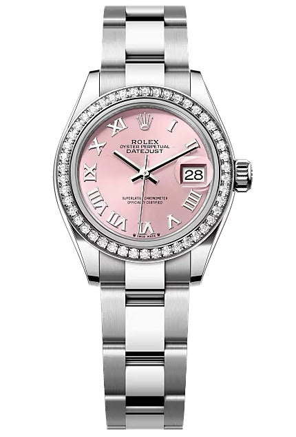 Rolex Lady-Datejust 28mm Pink Roman Dial Diamond Bezel Oyster Bracelet