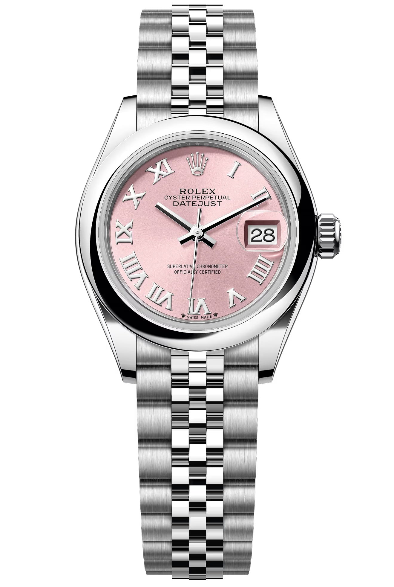 Rolex Lady-Datejust 28mm Pink Roman Dial Domed Bezel Jubilee Bracelet – 279160