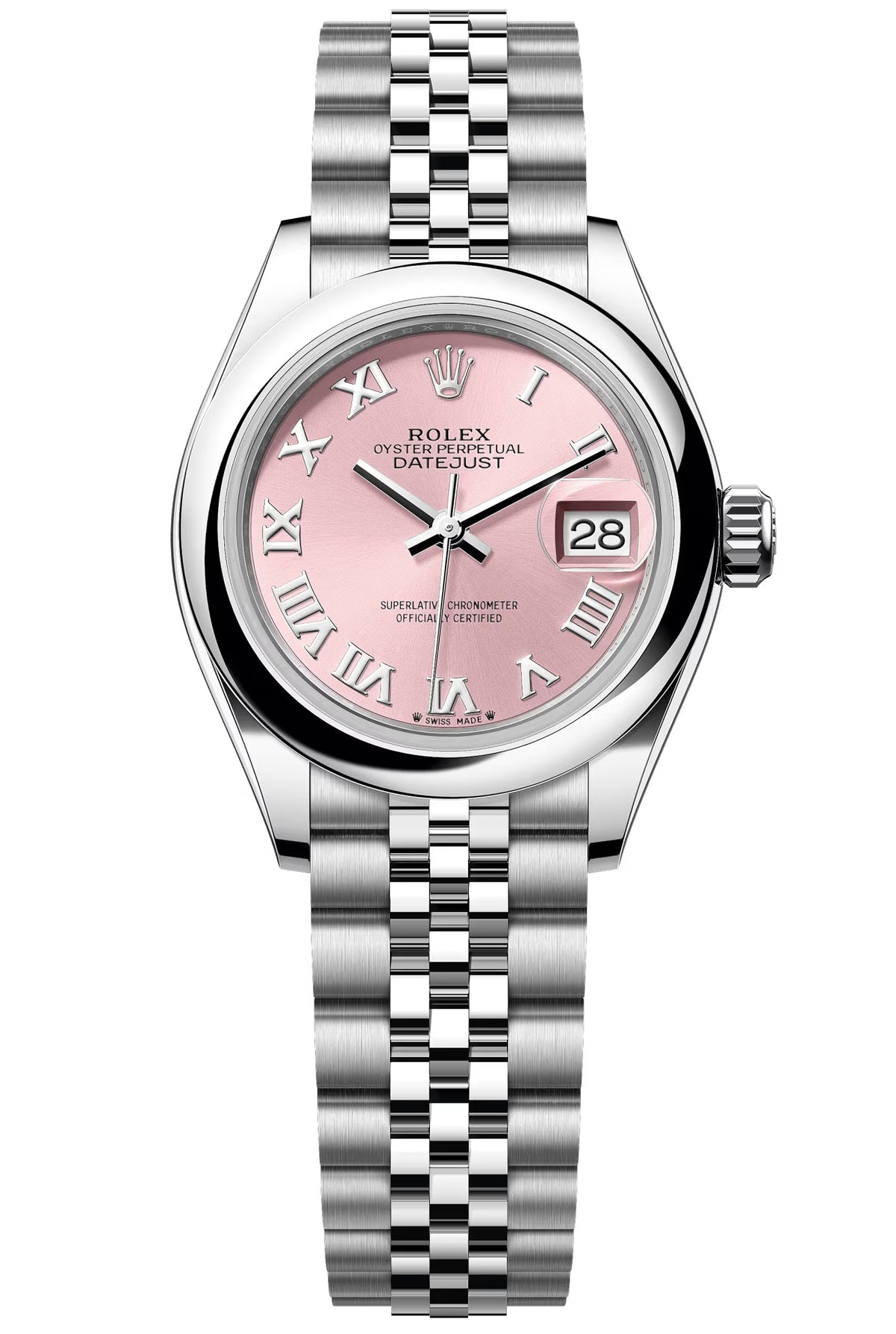 Rolex Lady-Datejust 28mm Pink Roman Dial Domed Bezel Jubilee Bracelet – 279160