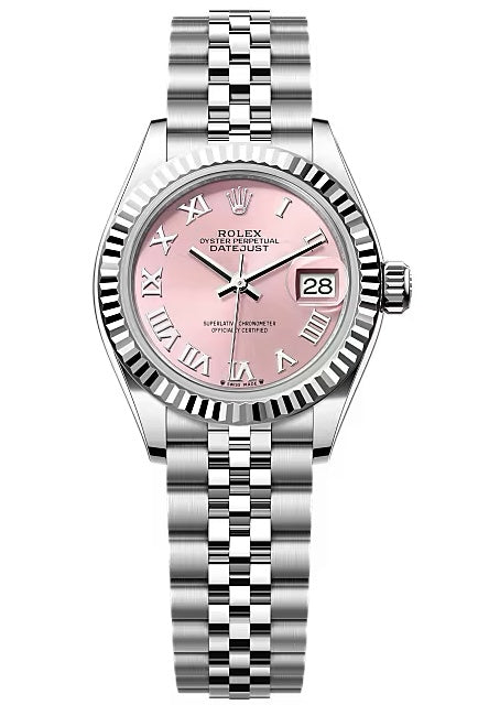 Rolex Lady-Datejust 28mm Pink Roman Dial Fluted Bezel Jubilee Bracelet 279174