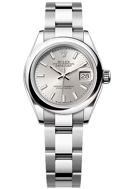 Rolex Lady-Datejust 28mm Silver Index Dial Domed Bezel Oyster Bracelet – 279160