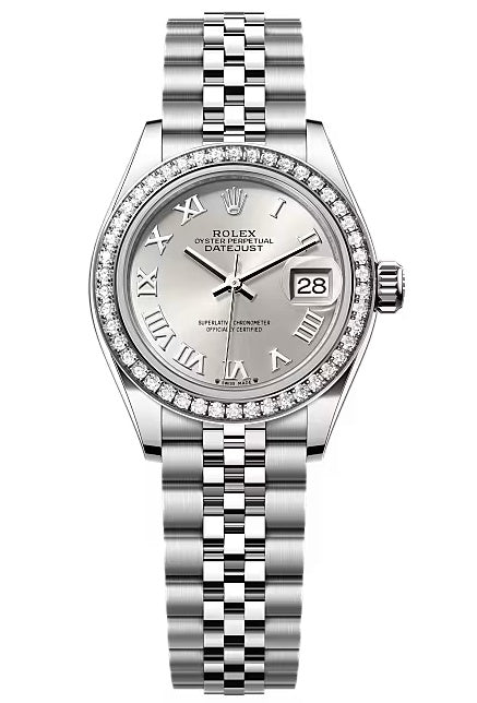 Rolex Lady-Datejust 28mm Silver Roman Dial Diamond Bezel Jubilee Bracelet