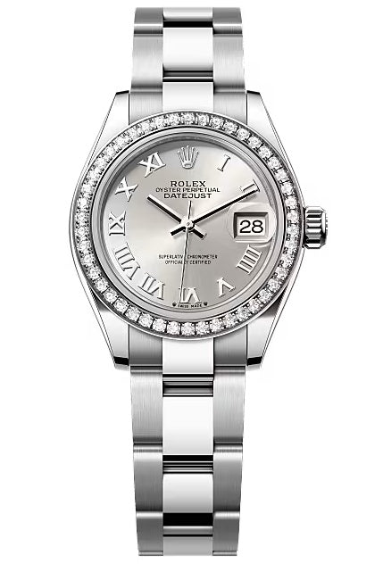 Rolex Lady-Datejust 28mm Silver Roman Dial Diamond Bezel Oyster Bracelet –