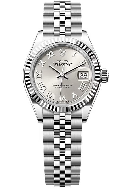 Rolex Lady-Datejust 28mm Silver Roman Dial Fluted Bezel Jubilee Bracelet 279174