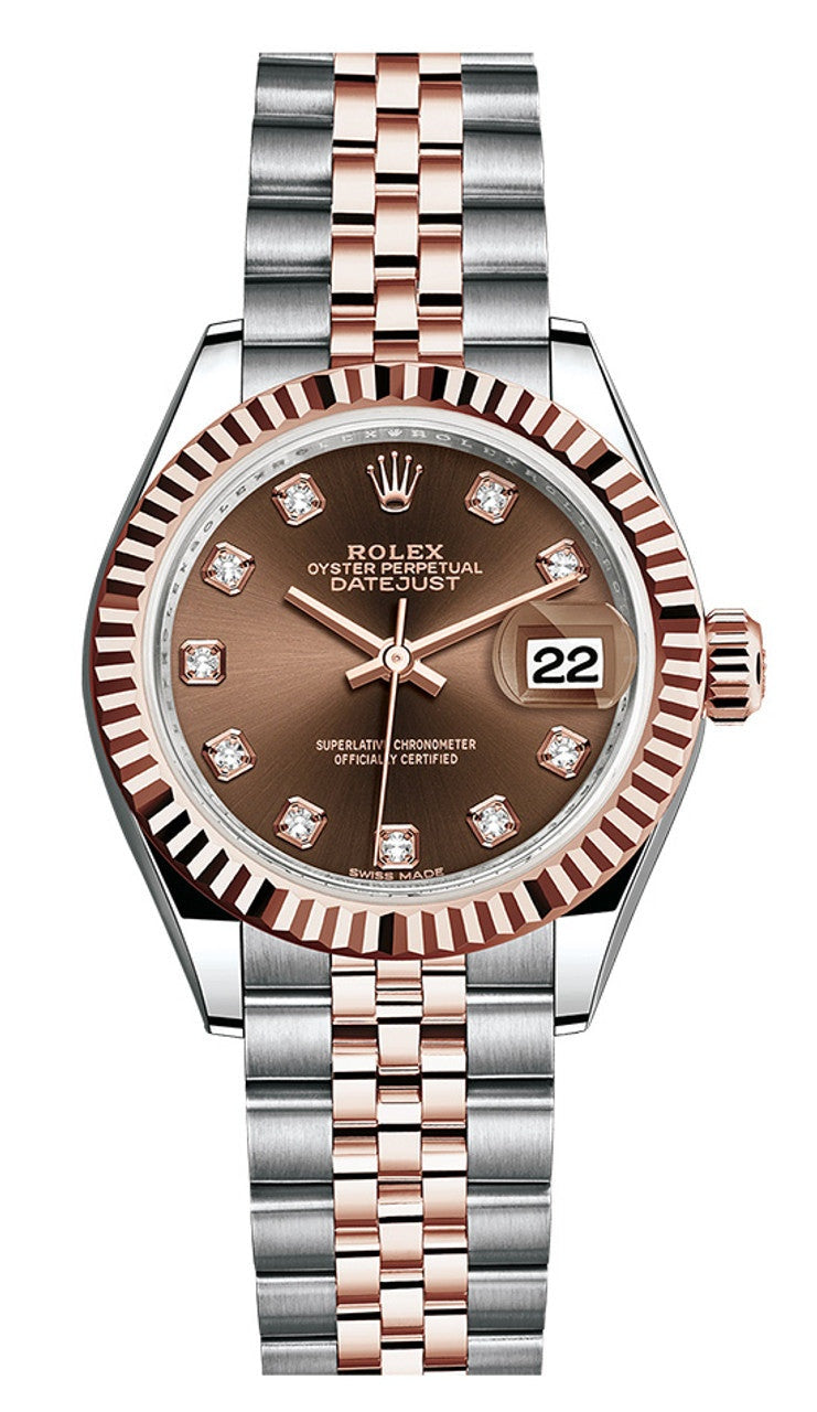 Rolex Lady-Datejust 28mm Two-Tone Everose Gold Chocolate Diamond Dial Fluted