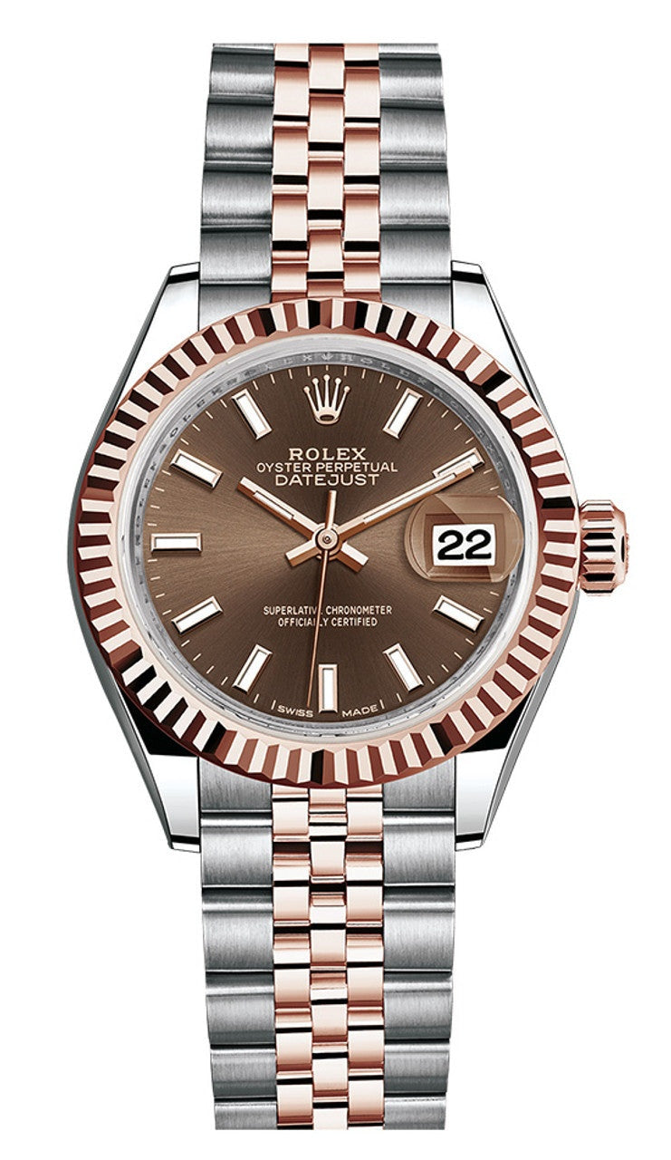Rolex Lady-Datejust 28mm Two-Tone Everose Gold Chocolate Index Dial Fluted
