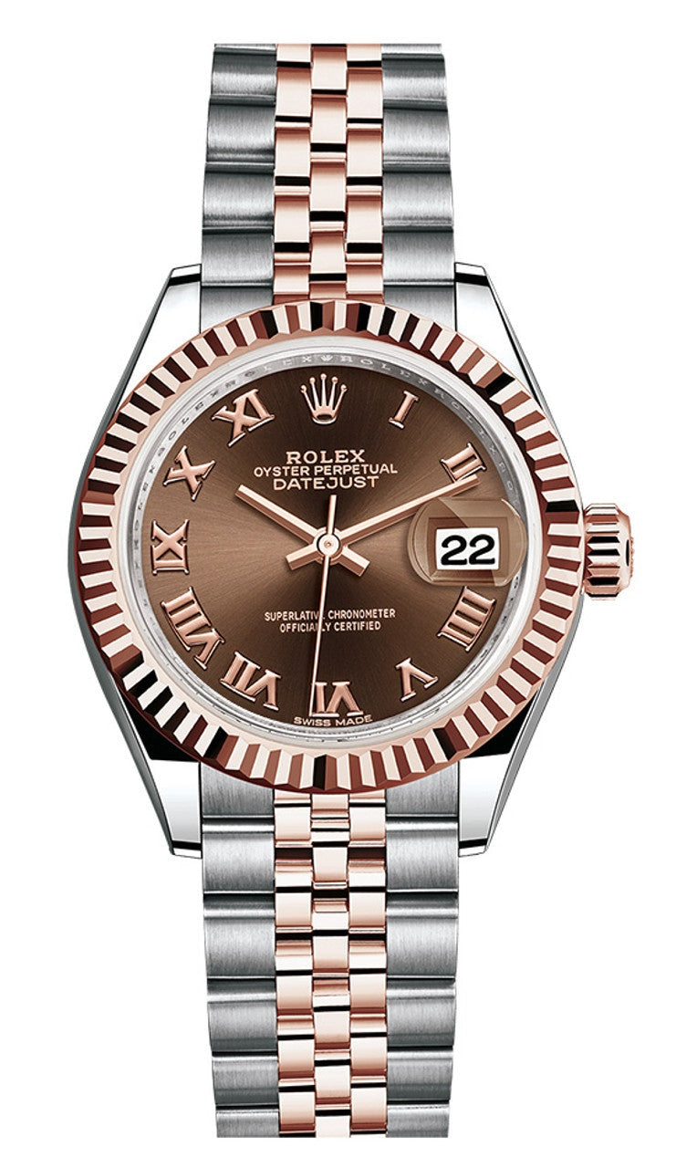 Rolex Lady-Datejust 28mm Two-Tone Everose Gold Chocolate Roman Dial Fluted