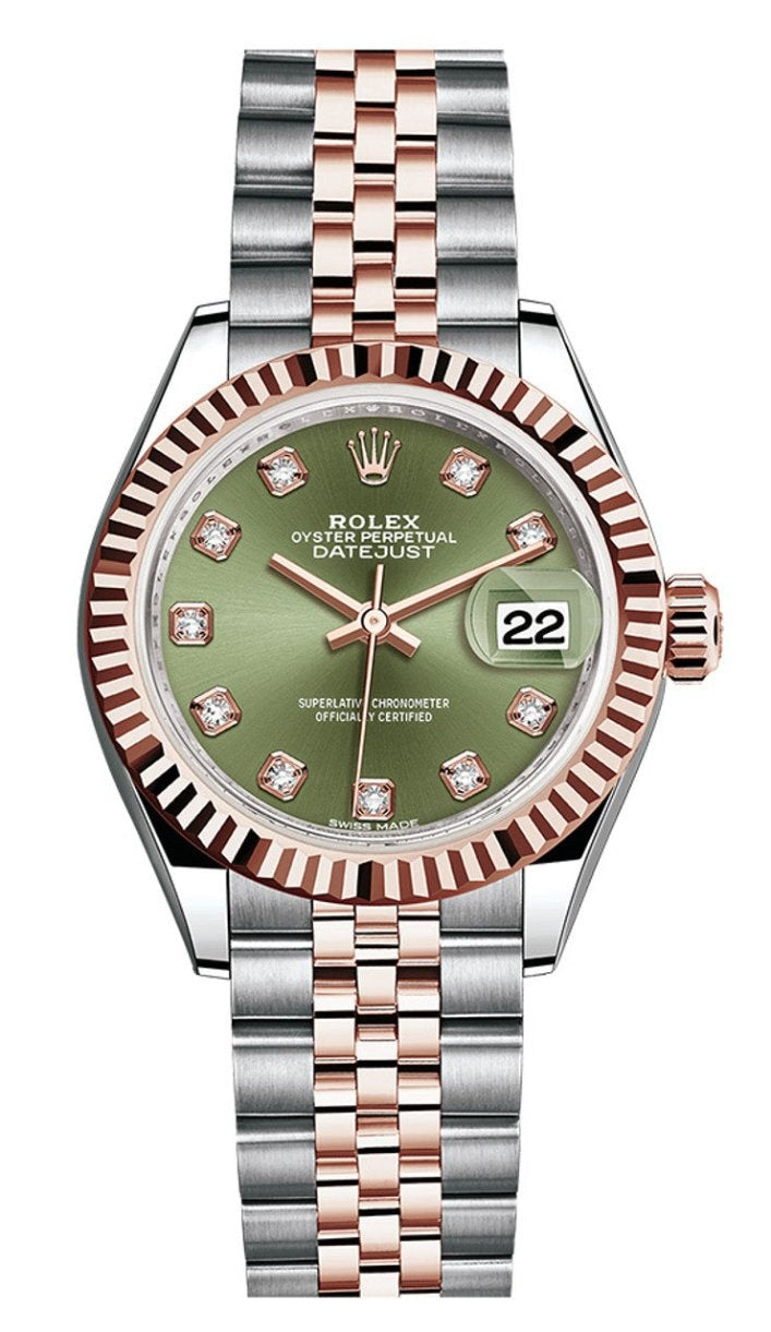 Rolex Lady-Datejust 28mm Two-Tone Everose Gold Green Diamond Dial Fluted Bezel