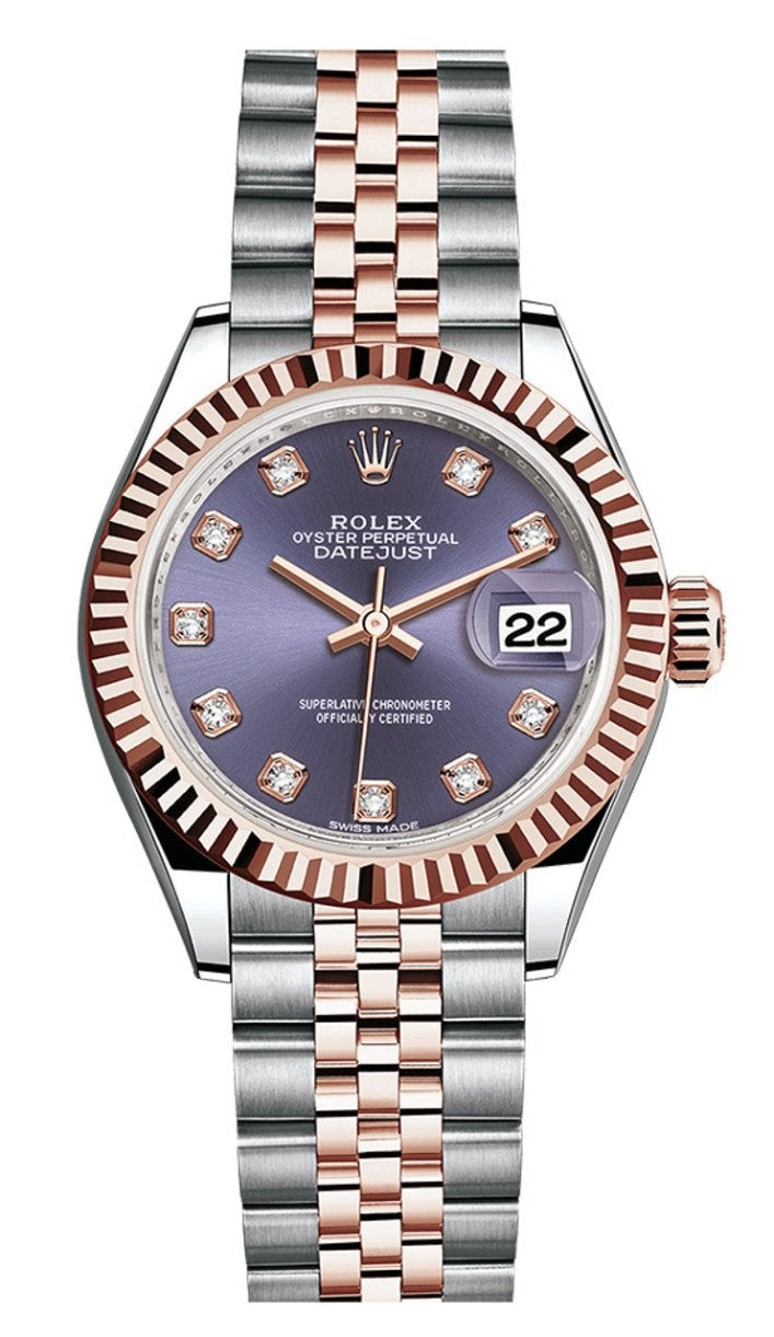 Rolex Lady-Datejust 28mm Two-Tone Everose Gold Purple Diamond Dial Fluted Bezel