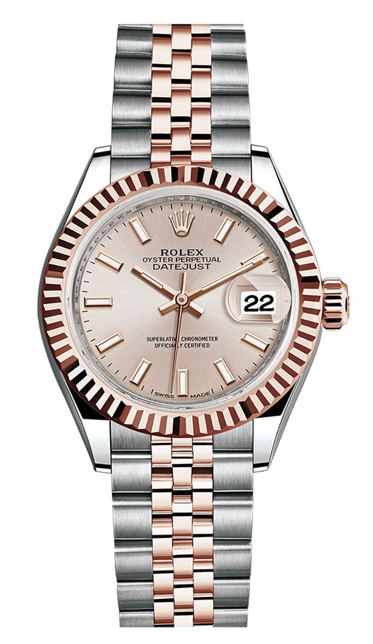 Rolex Lady-Datejust 28mm Two-Tone Everose Gold Rose Index Dial Fluted Bezel