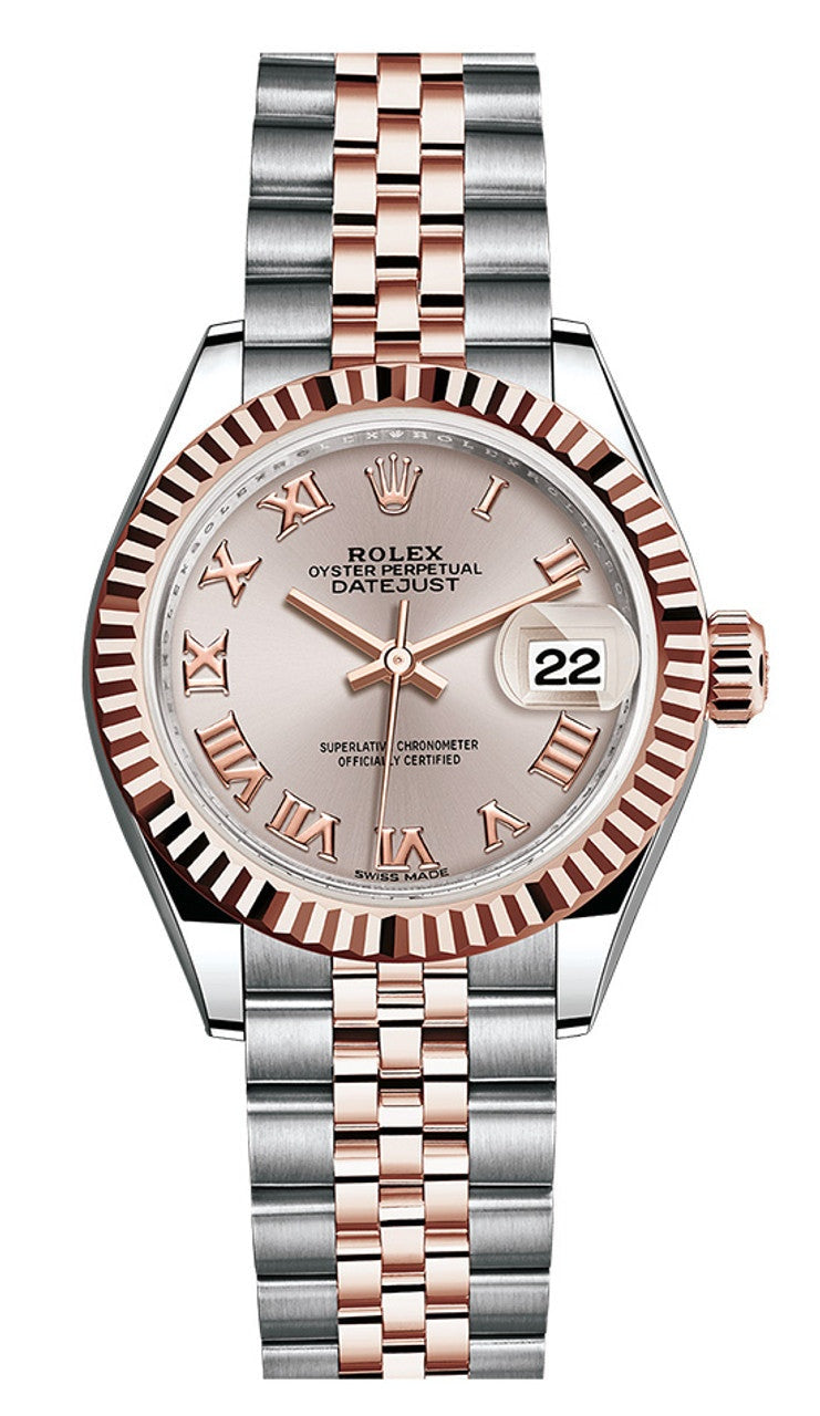Rolex Lady-Datejust 28mm Two-Tone Everose Gold Rose Roman Dial Fluted Bezel