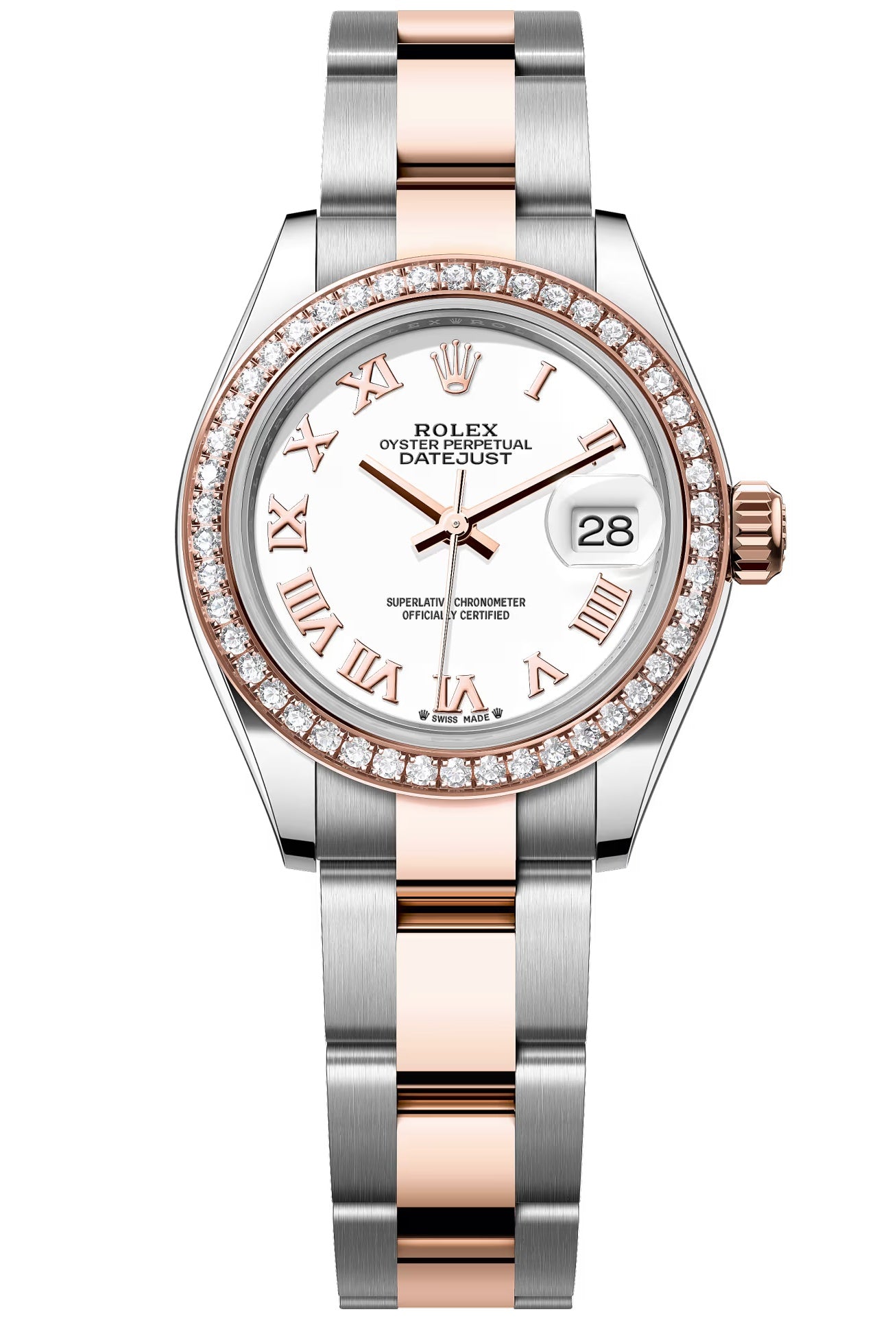 Rolex Lady-Datejust 28mm Two-Tone Everose Gold White Roman Dial Diamond Bezel