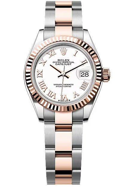 Rolex Lady-Datejust 28mm Two-Tone Everose Gold White Roman Dial Fluted Bezel