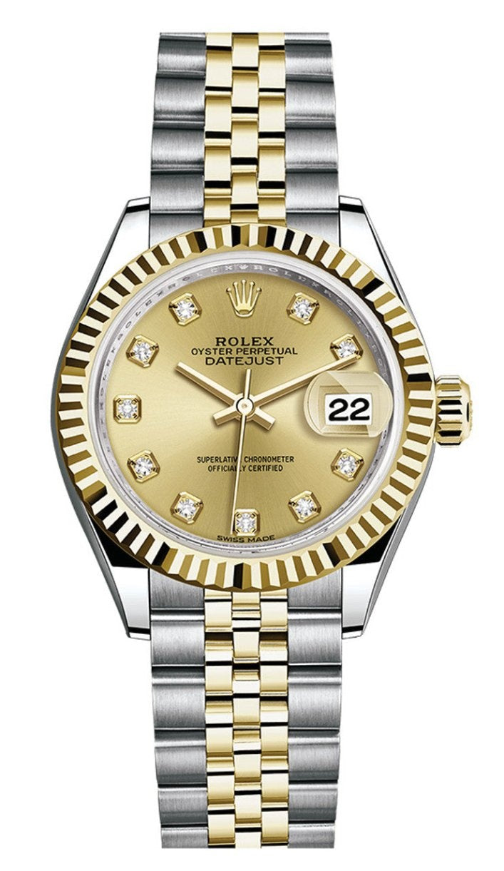 Rolex Lady-Datejust 28mm Two-Tone Yellow Gold Champagne Diamond Dial Fluted