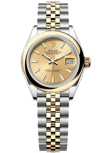 Rolex Lady-Datejust 28mm Two-Tone Yellow Gold Champagne Index Dial Domed Bezel