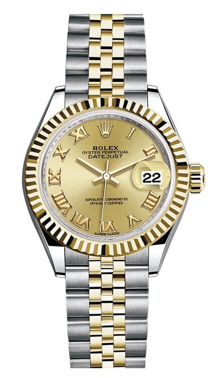 Rolex Lady-Datejust 28mm Two-Tone Yellow Gold Champagne Roman Dial Fluted Bezel