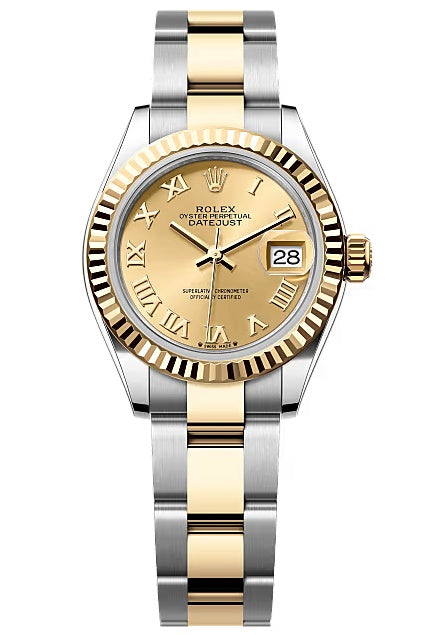Rolex Lady-Datejust 28mm Two-Tone Yellow Gold Champagne Roman Dial Fluted Bezel