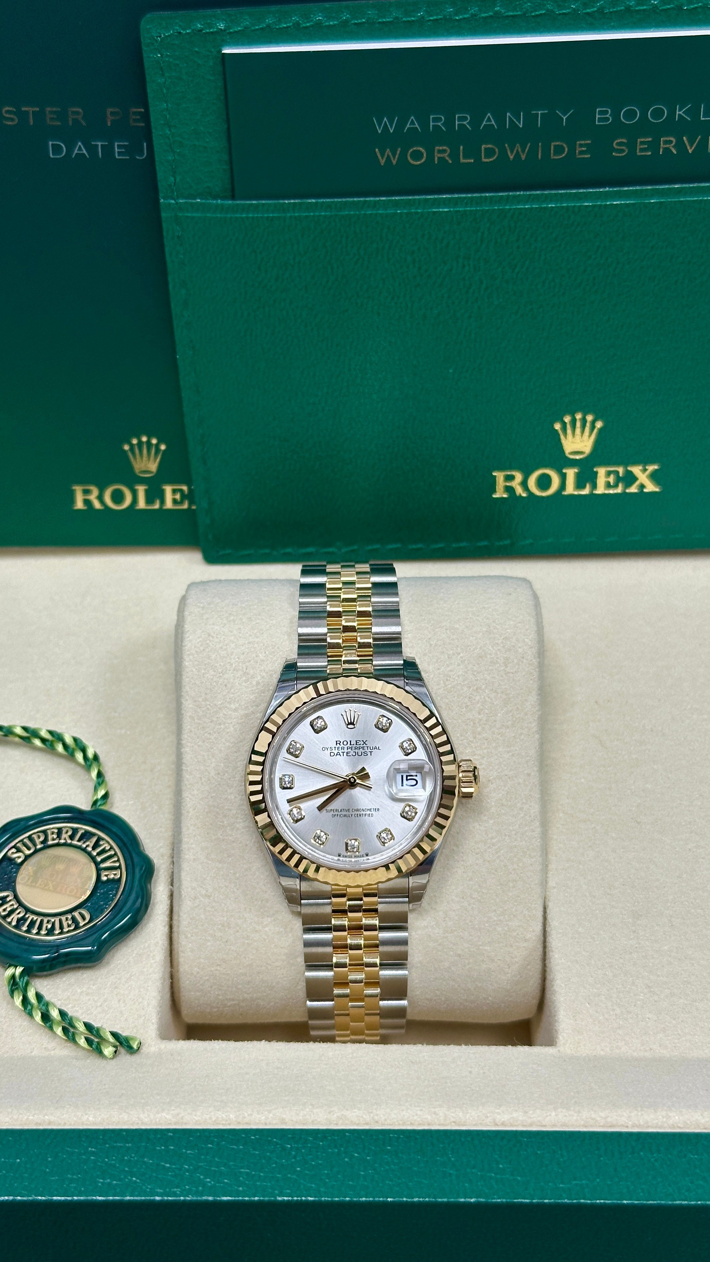 Rolex Lady-Datejust 28mm Two-Tone Yellow Gold Silver Diamond Dial Fluted Bezel