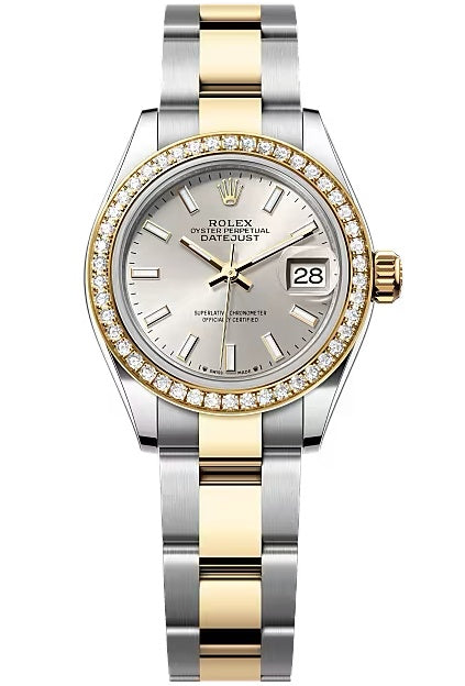 Rolex Lady-Datejust 28mm Two-Tone Yellow Gold Silver Index Dial Diamond Bezel