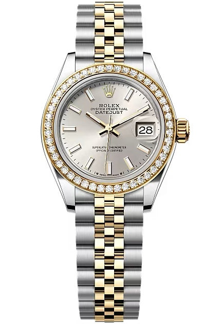 Rolex Lady-Datejust 28mm Two-Tone Yellow Gold Silver Index Dial Diamond Bezel