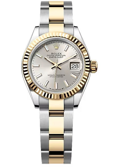 Rolex Lady-Datejust 28mm Two-Tone Yellow Gold Silver Index Dial Fluted Bezel