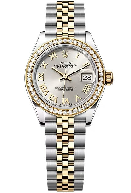 Rolex Lady-Datejust 28mm Two-Tone Yellow Gold Silver Roman Dial Diamond Bezel