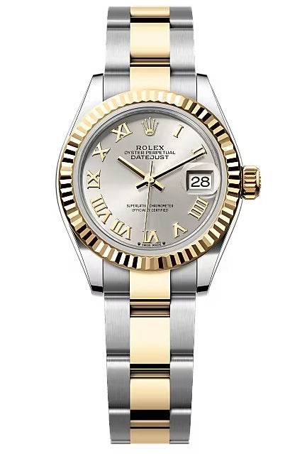 Rolex Lady-Datejust 28mm Two-Tone Yellow Gold Silver Roman Dial Fluted Bezel