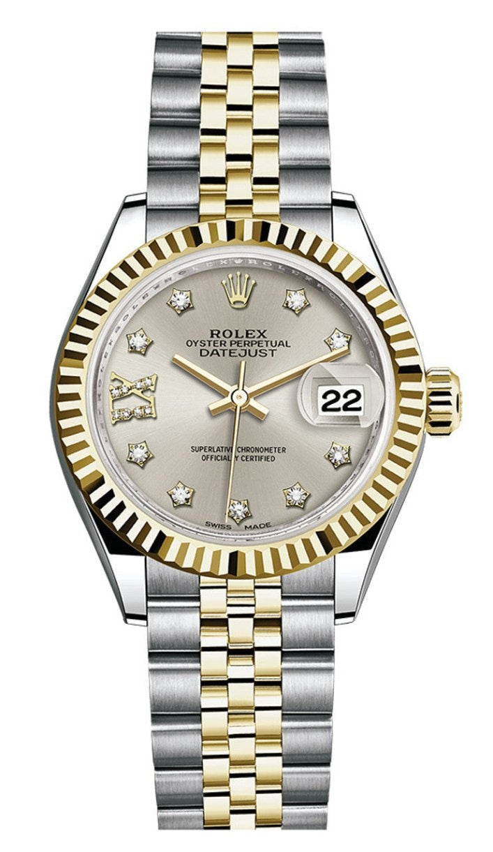 Rolex Lady-Datejust 28mm Two-Tone Yellow Gold Silver Star Diamond Dial Fluted