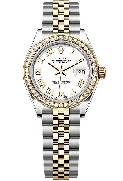 Rolex Lady-Datejust 28mm Two-Tone Yellow Gold White Roman Dial Diamond Bezel