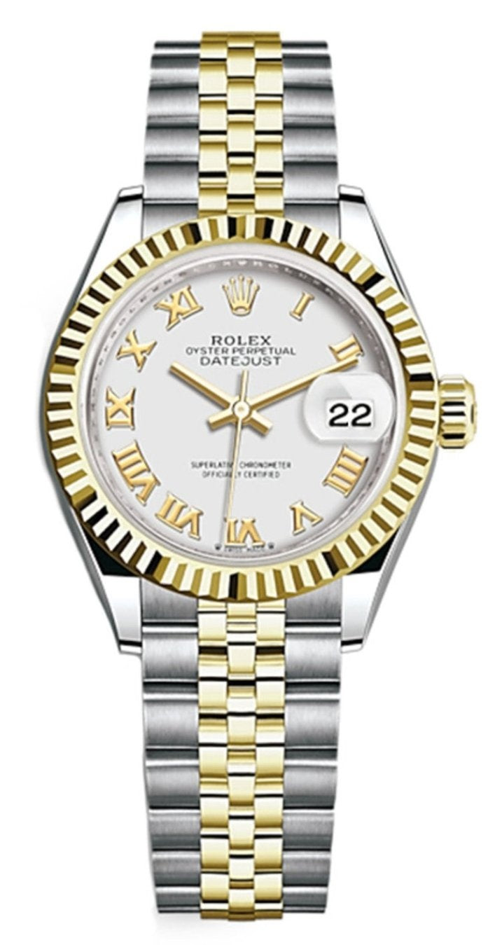 Rolex Lady-Datejust 28mm Two-Tone Yellow Gold White Roman Dial Fluted Bezel