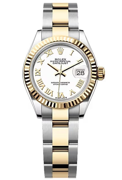 Rolex Lady-Datejust 28mm Two-Tone Yellow Gold White Roman Dial Fluted Bezel