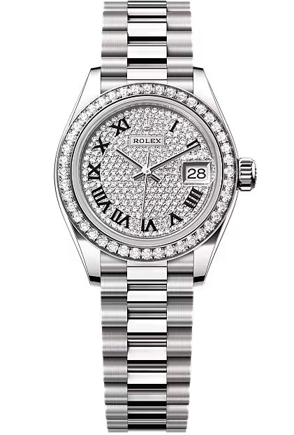 Rolex Lady-Datejust 28mm White Gold Diamond-Paved Dial Diamond Bezel President