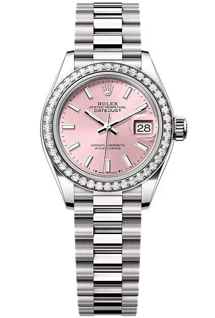 Rolex Lady-Datejust 28mm White Gold Pink Index Dial Diamond-Set Bezel President