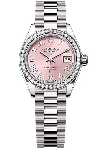 Rolex Lady-Datejust 28mm White Gold Pink Roman Dial Diamond-Set Bezel President