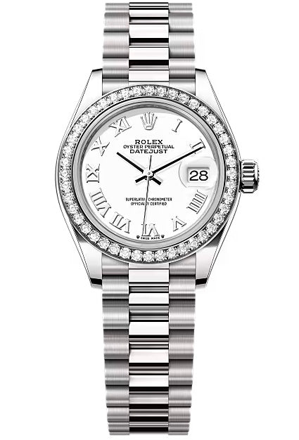 Rolex Lady-Datejust 28mm White Gold White Roman Dial Diamond-Set Bezel
