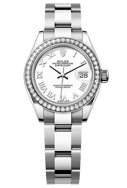 Rolex Lady-Datejust 28mm White Roman Dial Diamond Bezel Oyster Bracelet –